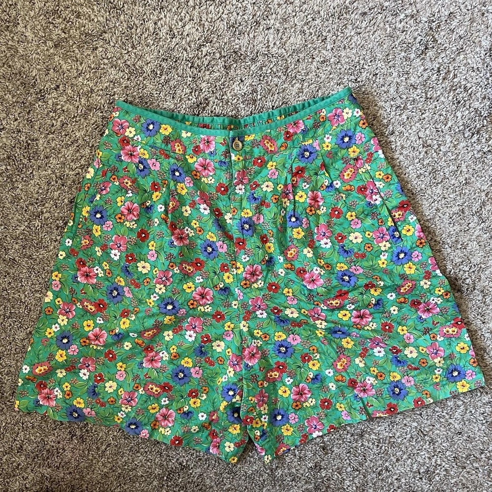 Vintage Liz Sport Shorts Size Green 12 Floral Cotton Pleated High Waisted